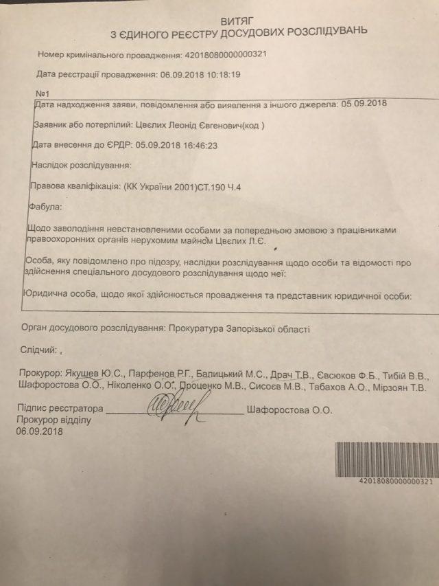 Розпочато досудове розслідування за фактом незаконного заволодіння невідомими особами і за попередньою змовою зі співробітниками правоохоронних органів нерухомого майна Цвєлих